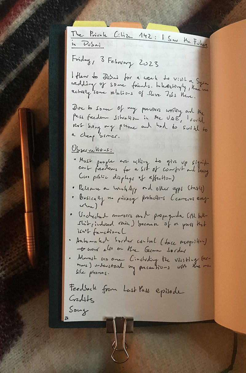 Handwritten show notes